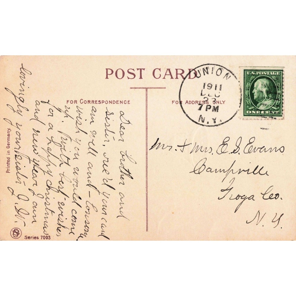 Vintage 1911 Christmas Wishes Postcard Holly Bells Snowy Church Union NY Stamp - Picture 2 of 2